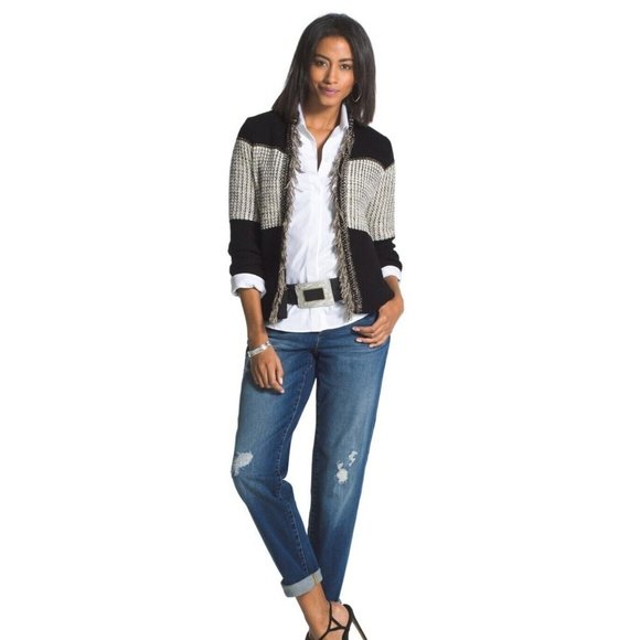 Chico's 1 Women's Arlene Cardigan Sweater black beige Cotton Size Medium Fringe - Picture 9 of 9